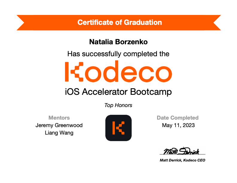 Kodeco iOS Bootcamp Certificate